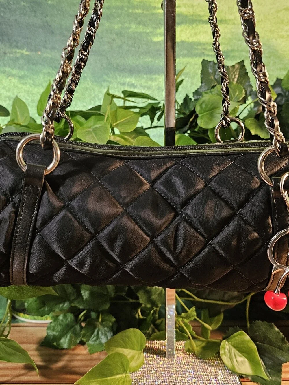 Talbots Black Quilted Barrel Bag Nylon Leather Trim Silver Hardware